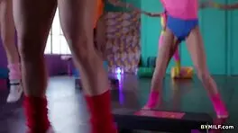 Fit milfs share young pussy workout in gym with intense licking