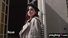 Skinny brunette Ariel boldly strips bikini exposing small tits shaved pussy outdoors