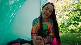 ecstasy surges as slutty hippie jerks huge cock free in forest tent
