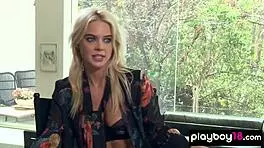 petite american blondie strips lingerie to flaunt big natural tits and pussy