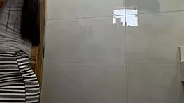 skinny latina hottie takes huge cock deep in bathroom ass