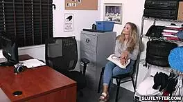 Blonde shoplifter Scarlett Fall tempts pervy security guard