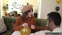 horny guy ravages panty-free miniskirt babe while wife preps party downstairs