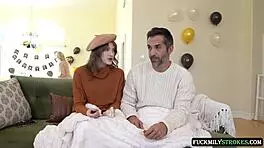 horny guy ravages panty-free miniskirt babe while wife preps party downstairs