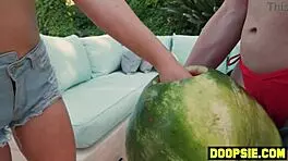 Two busty shemales anal pound petite babe at barbecue threesome
