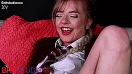 blonde college student teases in uniform and lingerie