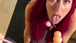 moaning wildly from sex machine deepthroating huge dildo cat girl fetish