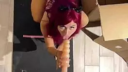 moaning wildly from sex machine deepthroating huge dildo cat girl fetish
