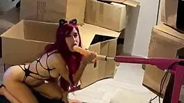 moaning wildly from sex machine deepthroating huge dildo cat girl fetish