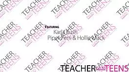 The seductive teacher lures her student and young girlfriends into a wild classroom threesome with big cocks pounding hard