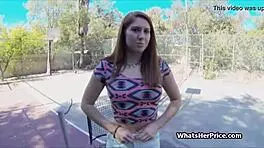 Broke redhead teen babe drops to knees for pov blowjob quickie on tennis court then hardcore outdoor fuck