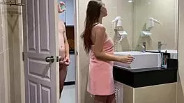 he films rough bathroom pounding of his hot girlfriend's big natural tits