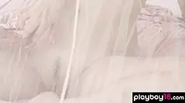 Busty ukrainian gloria sol strips teases shaved pussy on table