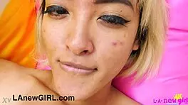 Gorgeous naked asian milf model spreads for close-up pussy massage teasing her horny petite body!