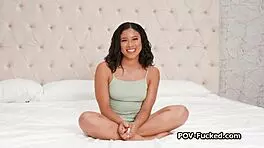 Light skin ebony babe rides cock hard during casting pov