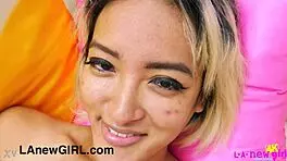 Gorgeous naked asian milf model spreads for close-up pussy massage teasing her horny petite body!