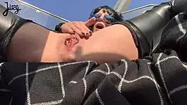 Brunette babe squirts riding dildo on ferris wheel publicly