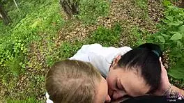 amateur ffm threesome slurps huge cocks outdoors with sloppy mouthful cum