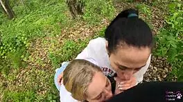 amateur ffm threesome slurps huge cocks outdoors with sloppy mouthful cum