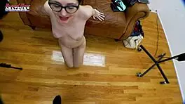 petite nerdy redhead dezi rae dildo fucks shaved pussy then deepthroats cum