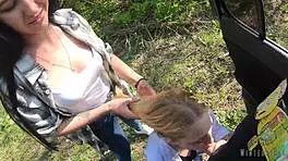 Perverted wife forces friend to slurp cock and swallow cum facials outdoors