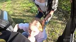 Perverted wife forces friend to slurp cock and swallow cum facials outdoors