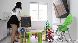 Curious pretty babe bends for daring first monster cock pounding