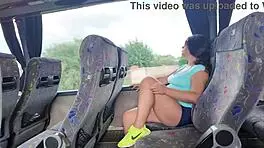 Stepson caresses busty European milf's huge natural tits on public bus