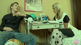 Blonde student babe Jude rides monster cock doggystyle to gaping orgasm