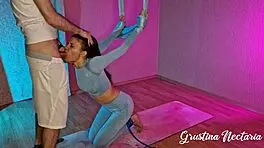 yoga babe tied upside down for rough mouth pounding