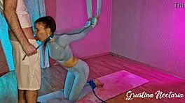 yoga babe tied upside down for rough mouth pounding