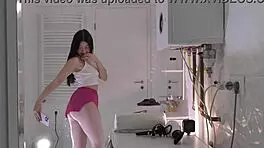 Stunning college coed flashes white panties in short miniskirt before night out