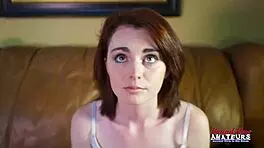 redhead coed ravyn caresses small tits then rams dildo deep in shaved pussy