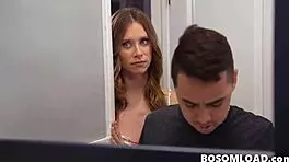 Horny petite milf sneaks wet pussy into bed for natural tits creampie