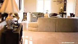 Blonde milf caught masturbating to porn gets deepthroated by big cock