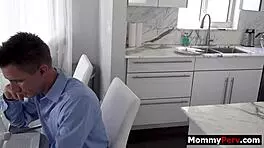 blonde milf sucks young cock near busy older man