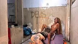 Tanned petite moans wet pussy licked outdoor in favela alley
