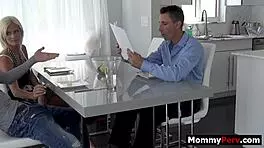 blonde milf sucks young cock near busy older man