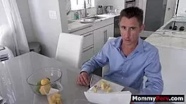 blonde milf sucks young cock near busy older man