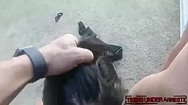 Young pierced stunners cuffed outdoors riding police cock cowgirl in rough group reality fuckfest