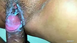 guy blasts huge creampie deep in her pussy then she smears the sticky cum