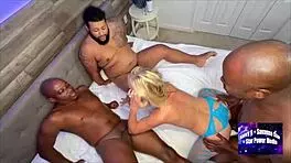 Bella bare crams two monster bbcs deep in double vaginal penetration bareback in steamy interracial double feature