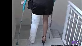 kinky german blonde punished outdoors stairs cast leg nylon spanking bdsm