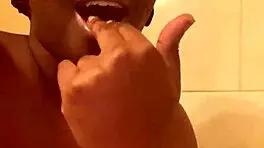 hey check out this young ebony babe showing off her wet pussy in the shower