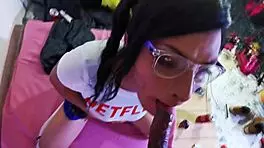 skinny slut gags deep on monster cock till the balls!