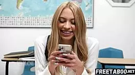 Bratty blonde student spanked hard for phone use in rough classroom creampie scene.