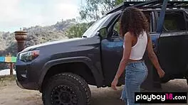 scarlit scandal strips naked on hood outdoors 🔥🍑 petite latina tease