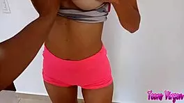 Fresh 18 latina brunette homemade skirt upskirt cumshot from intense fucking