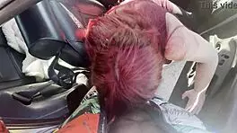 Old teacher slurps my huge black cock sloppy in public car blowjob