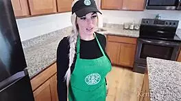 busty barista drenches bbc with squirts then gulps cum on shift